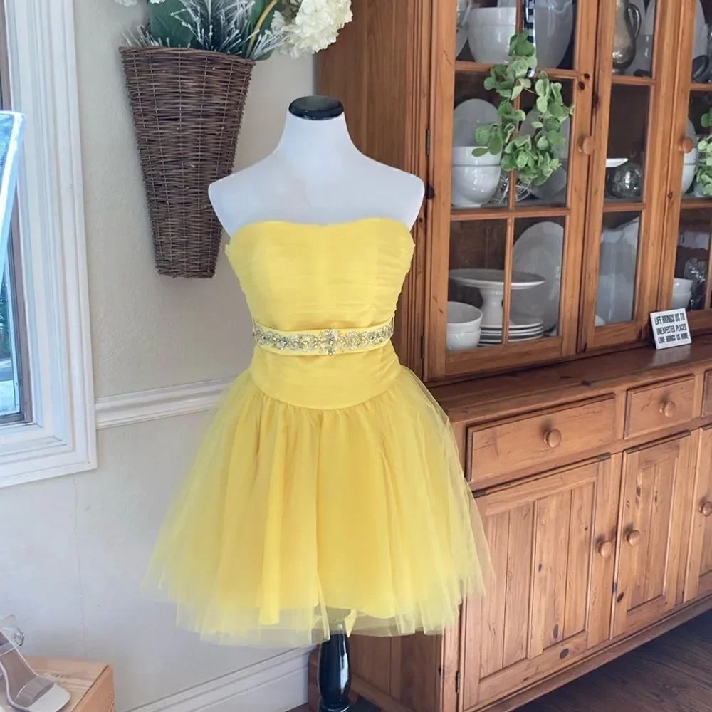 New Mori Lee By Madeline Gardner Yellow Tulle Mini Prom Party Dress Juniors Sz 5